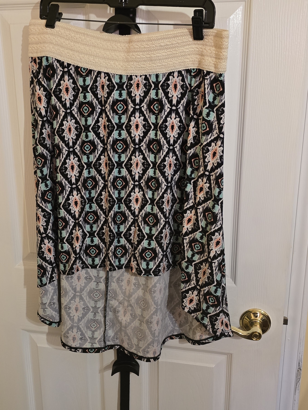 No Boundaries Black Aztec High-Low Maxi Skirt with Cream Crochet Waistband
